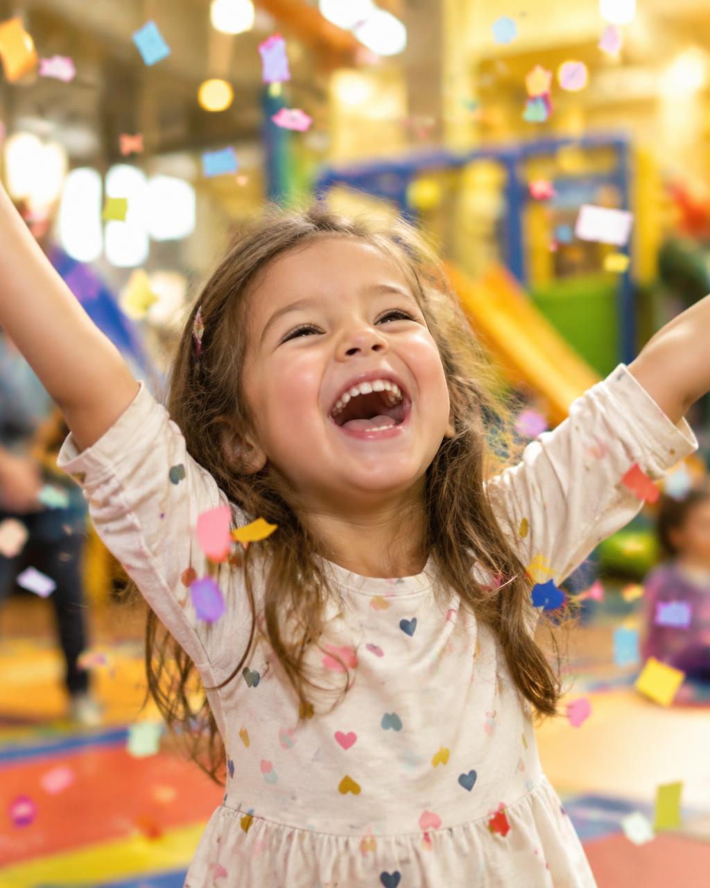 A delighted child laughing under falling confetti